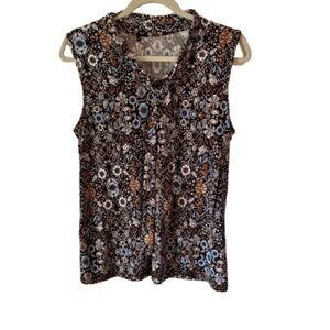 Sleeveless Boho Bow Neck Floral Blouse - Black with Blue and Rust  Size Large